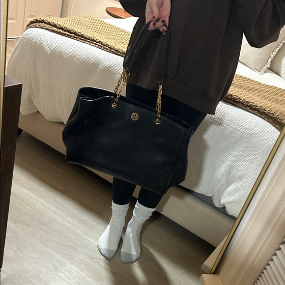 Tory Burch Black Pebbled Leather Tote with Gold Details - Picture 11 of 12